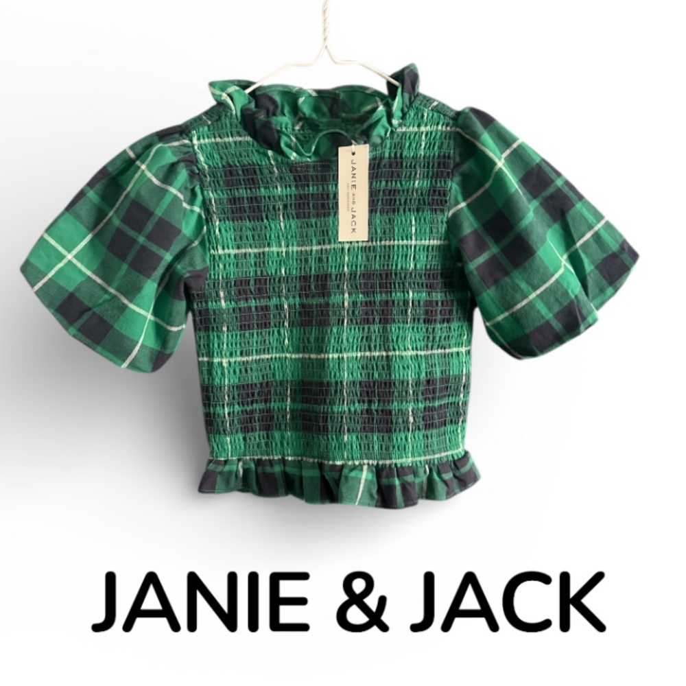 New with tags Authentic Janie & Jack designer navy green plaid top sz 8